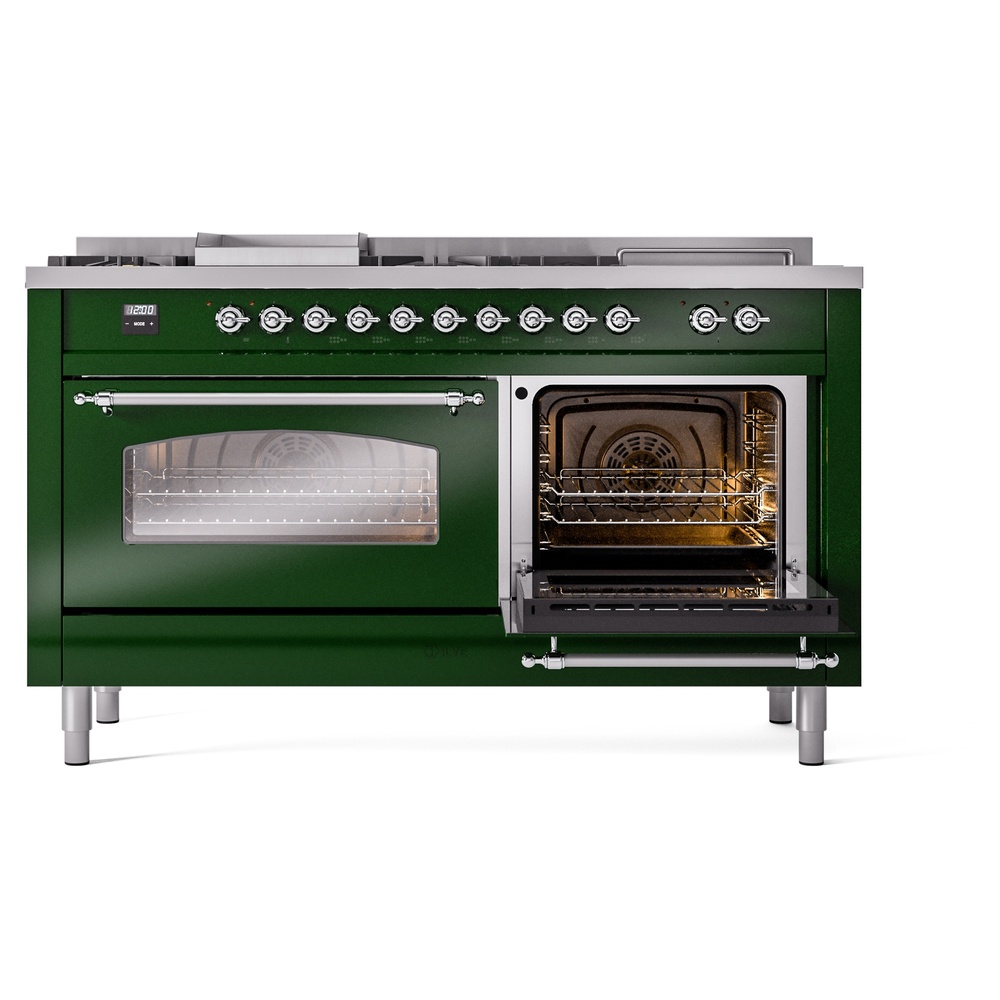 Nostalgie II 60 UP60FSNMPEGC Freestanding Dual Fuel Range with 7 Sealed Burners with Griddle and French Top Double Oven with Triple Glass Door with Chrome knobs UP60FSNMPEGC