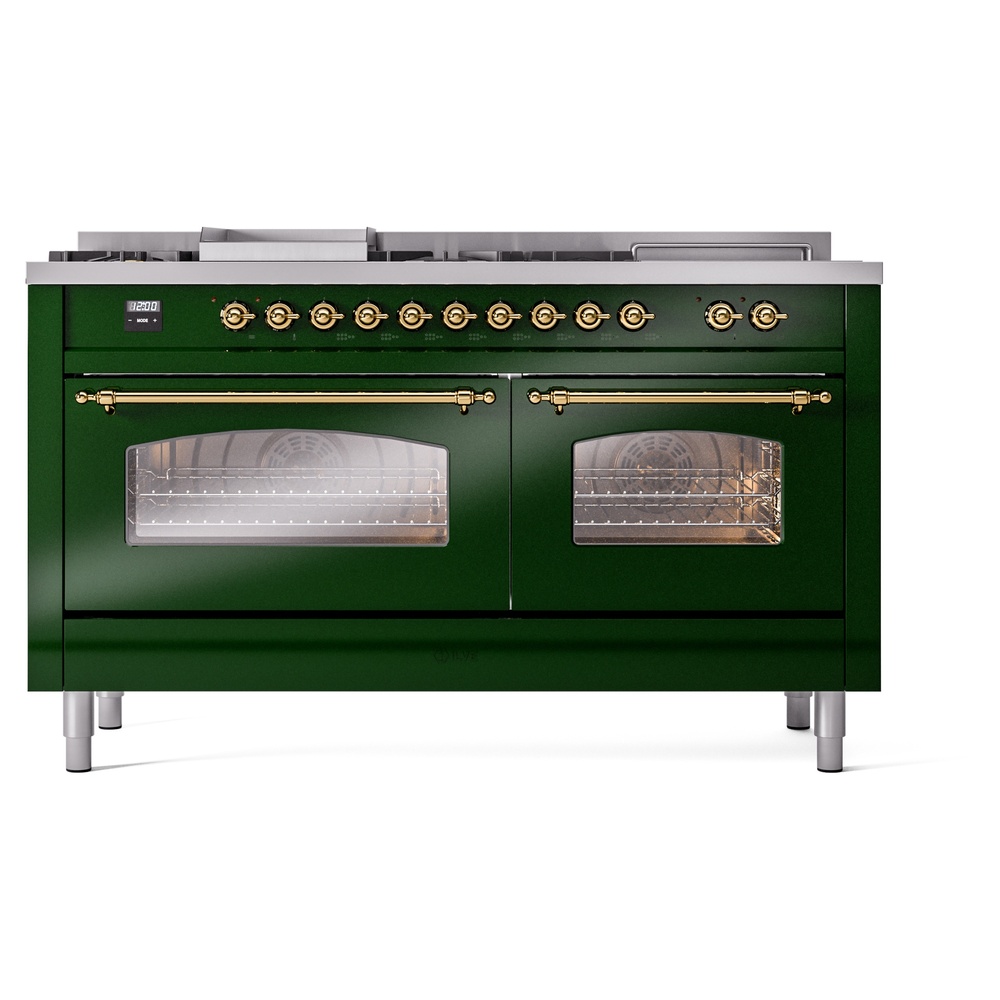 Nostalgie II 60 UP60FSNMPEGG Freestanding Dual Fuel Range with 7 Sealed Burners with Griddle and French Top Double Oven with Triple Glass Door with Brass knobs UP60FSNMPEGG