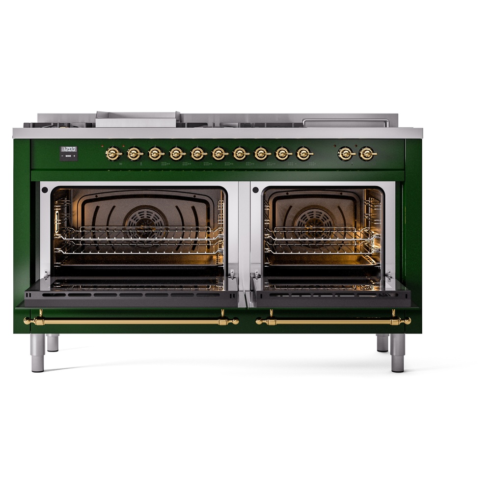 Nostalgie II 60 UP60FSNMPEGG Freestanding Dual Fuel Range with 7 Sealed Burners with Griddle and French Top Double Oven with Triple Glass Door with Brass knobs UP60FSNMPEGG