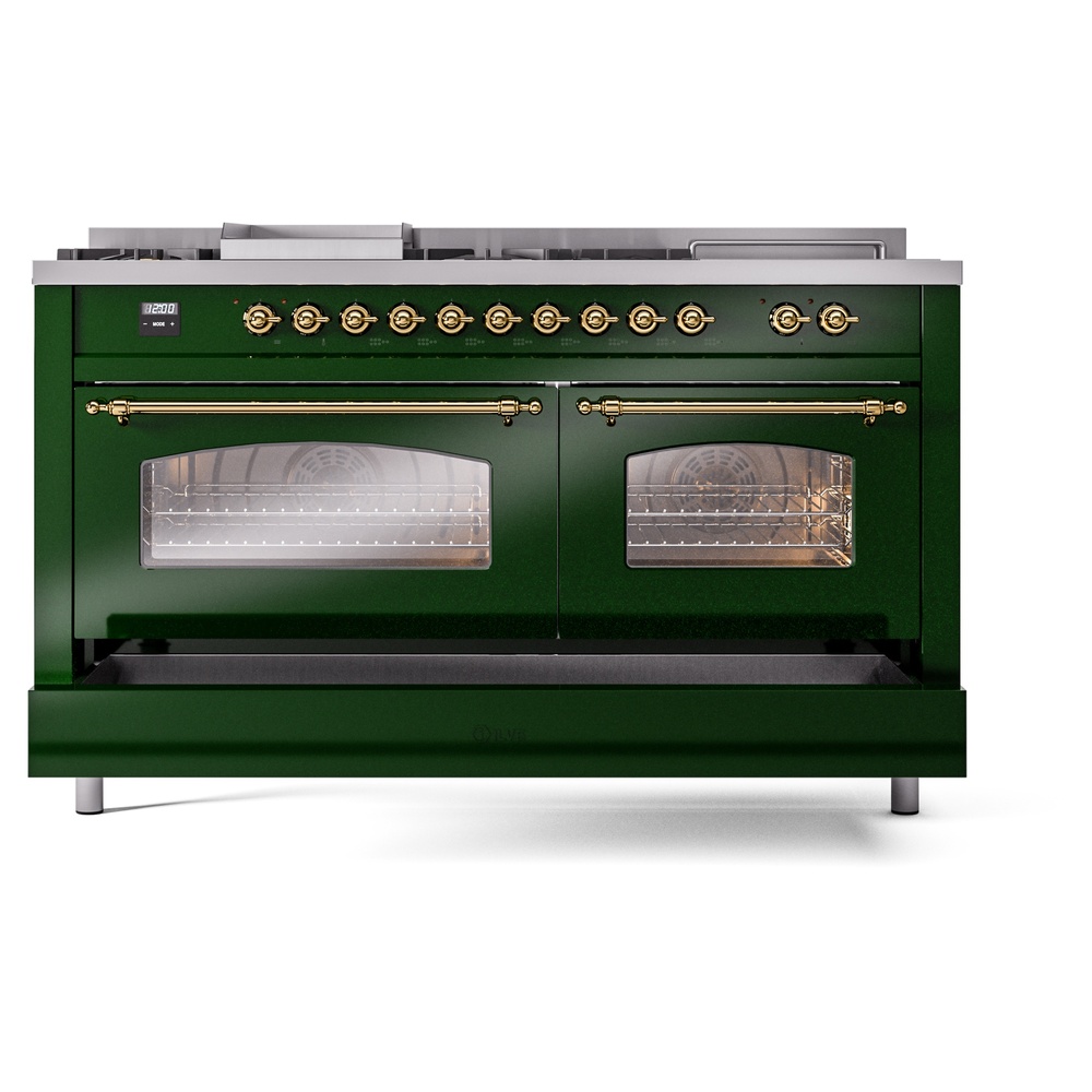 Nostalgie II 60 UP60FSNMPEGG Freestanding Dual Fuel Range with 7 Sealed Burners with Griddle and French Top Double Oven with Triple Glass Door with Brass knobs UP60FSNMPEGG