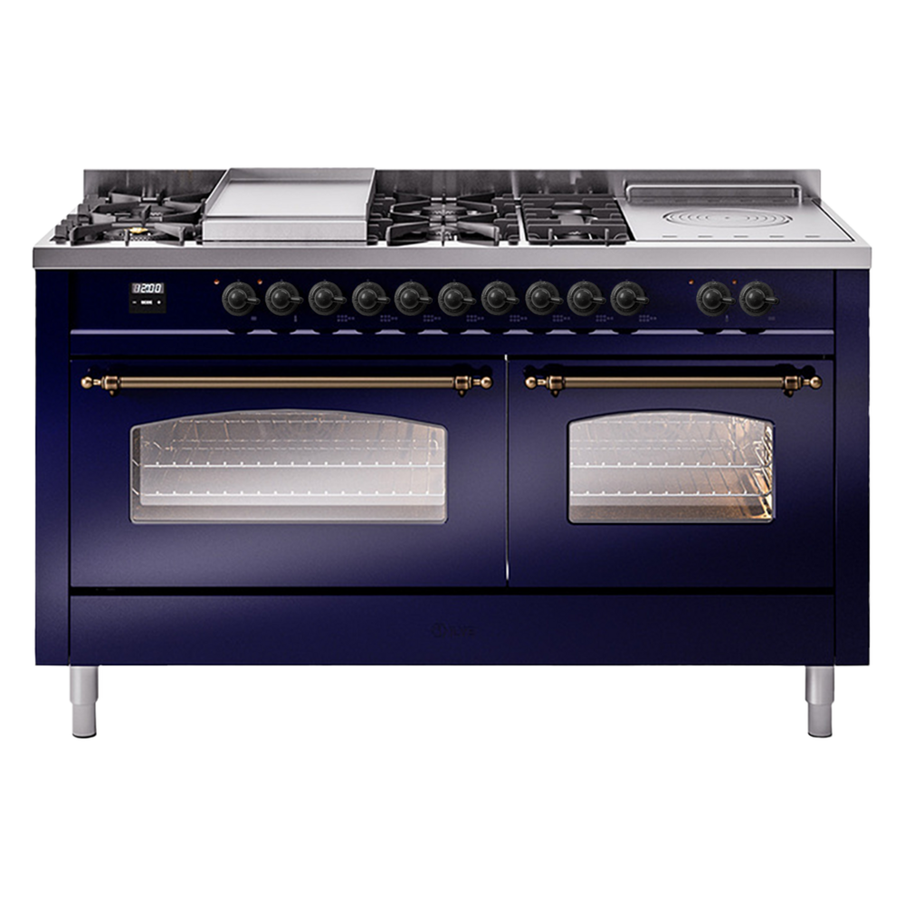 Nostalgie II 60 UP60FSNMPMBB Freestanding Dual Fuel Range with 7 Sealed Burners with Griddle and French Top Double Oven with Triple Glass Door with Bronze knobs UP60FSNMPMBB