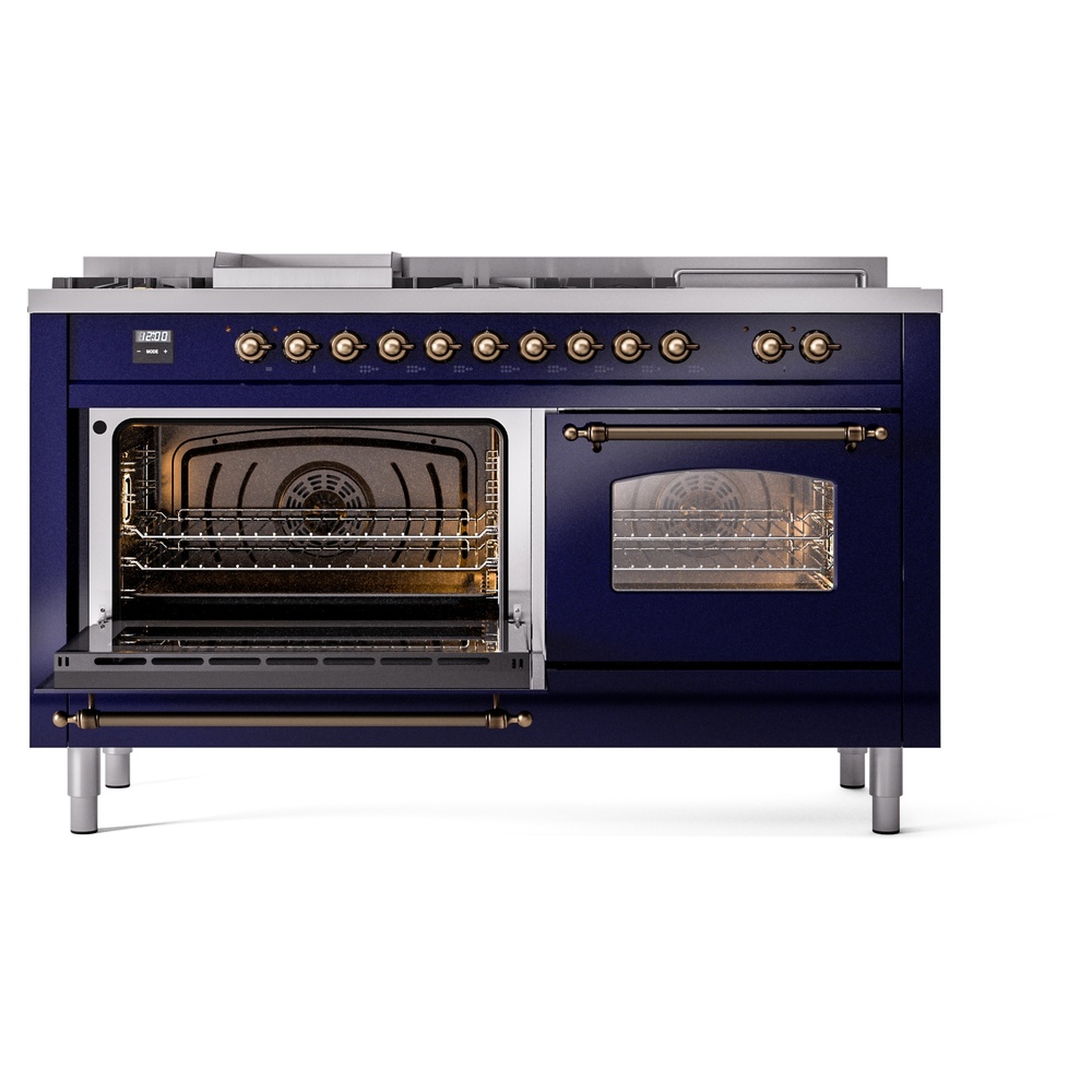 Nostalgie II 60 UP60FSNMPMBB Freestanding Dual Fuel Range with 7 Sealed Burners with Griddle and French Top Double Oven with Triple Glass Door with Bronze knobs UP60FSNMPMBB