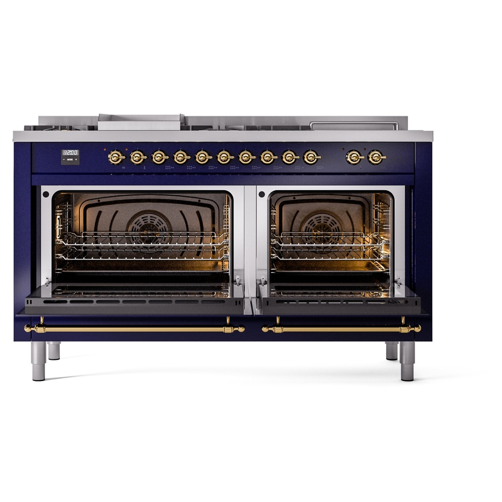 Nostalgie II 60 UP60FSNMPMBG Freestanding Dual Fuel Range with 7 Sealed Burners with Griddle and French Top Double Oven with Triple Glass Door with Brass knobs UP60FSNMPMBGLP