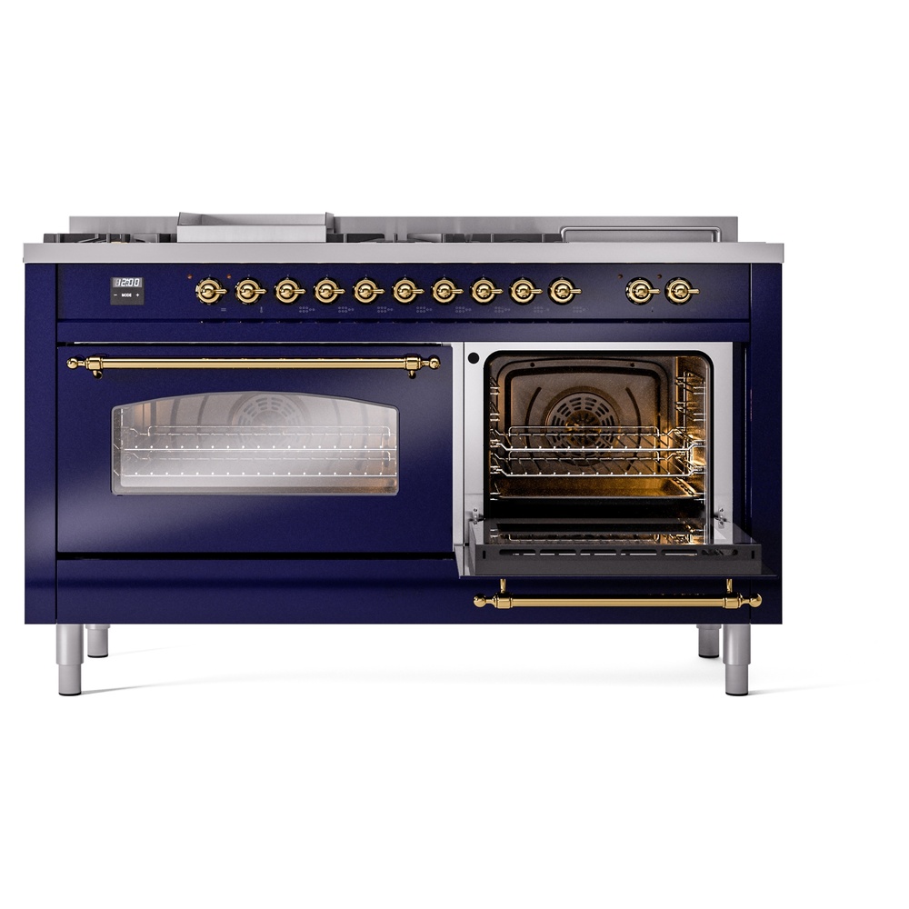 Nostalgie II 60 UP60FSNMPMBG Freestanding Dual Fuel Range with 7 Sealed Burners with Griddle and French Top Double Oven with Triple Glass Door with Brass knobs UP60FSNMPMBGLP