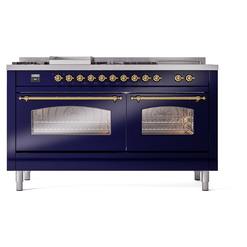 Nostalgie II 60 UP60FSNMPMBG Freestanding Dual Fuel Range with 7 Sealed Burners with Griddle and French Top Double Oven with Triple Glass Door with Brass knobs UP60FSNMPMBG