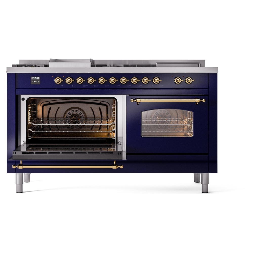 Nostalgie II 60 UP60FSNMPMBG Freestanding Dual Fuel Range with 7 Sealed Burners with Griddle and French Top Double Oven with Triple Glass Door with Brass knobs UP60FSNMPMBG