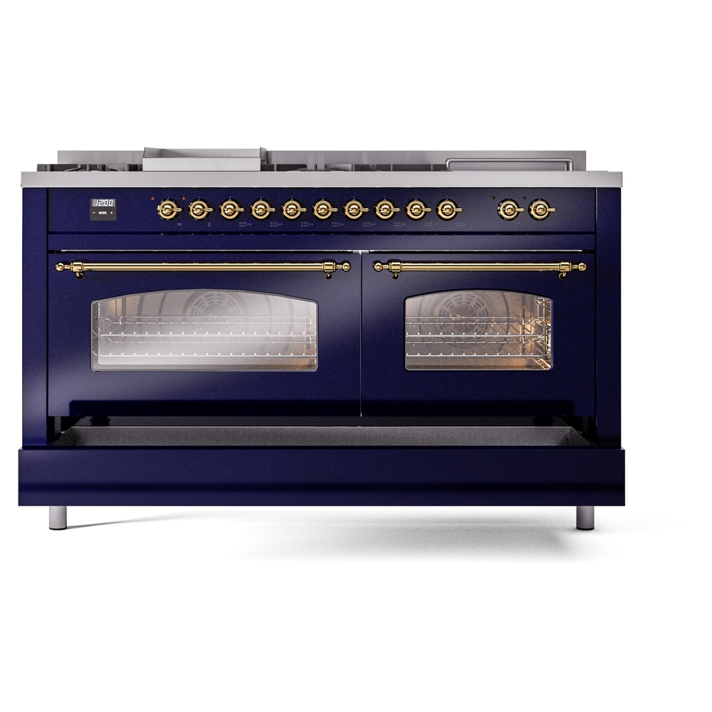 Nostalgie II 60 UP60FSNMPMBG Freestanding Dual Fuel Range with 7 Sealed Burners with Griddle and French Top Double Oven with Triple Glass Door with Brass knobs UP60FSNMPMBG