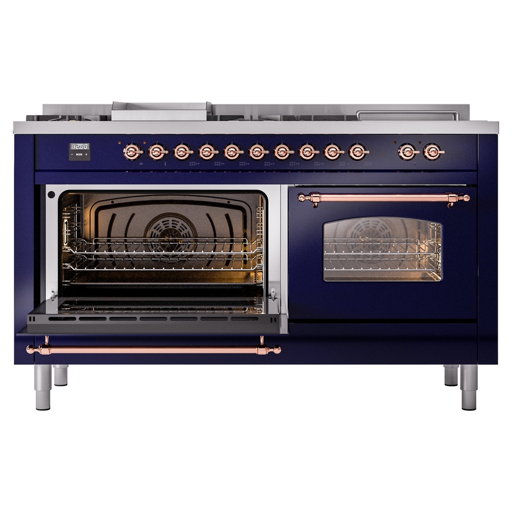 Nostalgie II 60 UP60FSNMPMBP Freestanding Dual Fuel Range with 7 Sealed Burners with Griddle and French Top Double Oven with Triple Glass Door with Copper knobs UP60FSNMPMBP