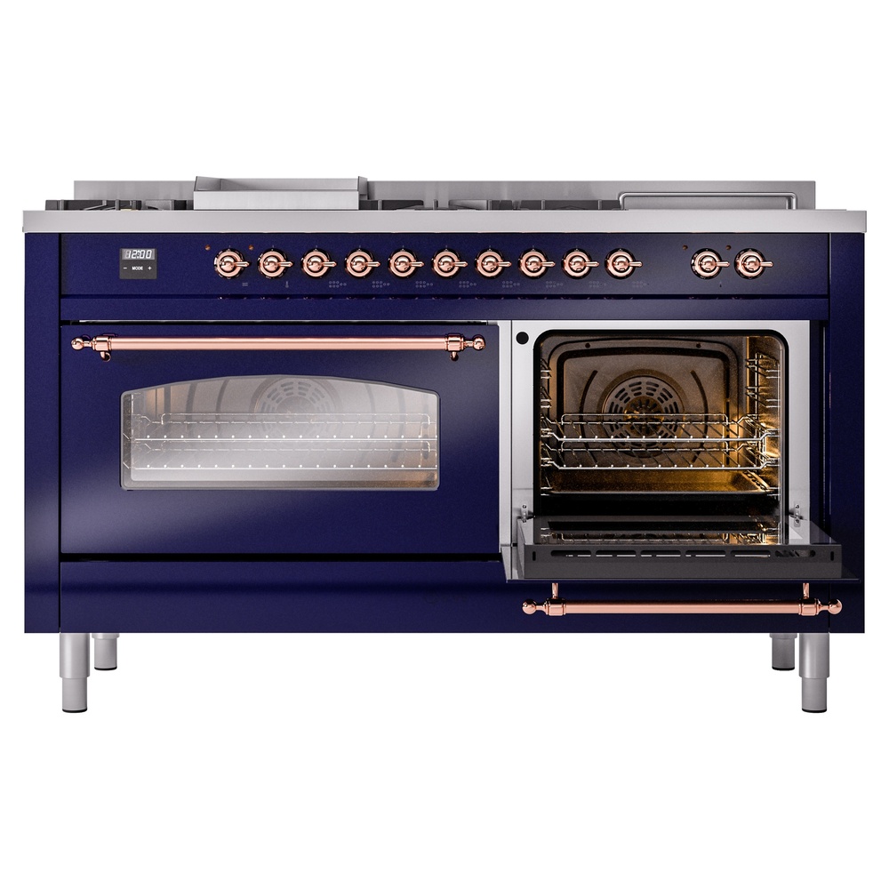 Nostalgie II 60 UP60FSNMPMBP Freestanding Dual Fuel Range with 7 Sealed Burners with Griddle and French Top Double Oven with Triple Glass Door with Copper knobs UP60FSNMPMBP
