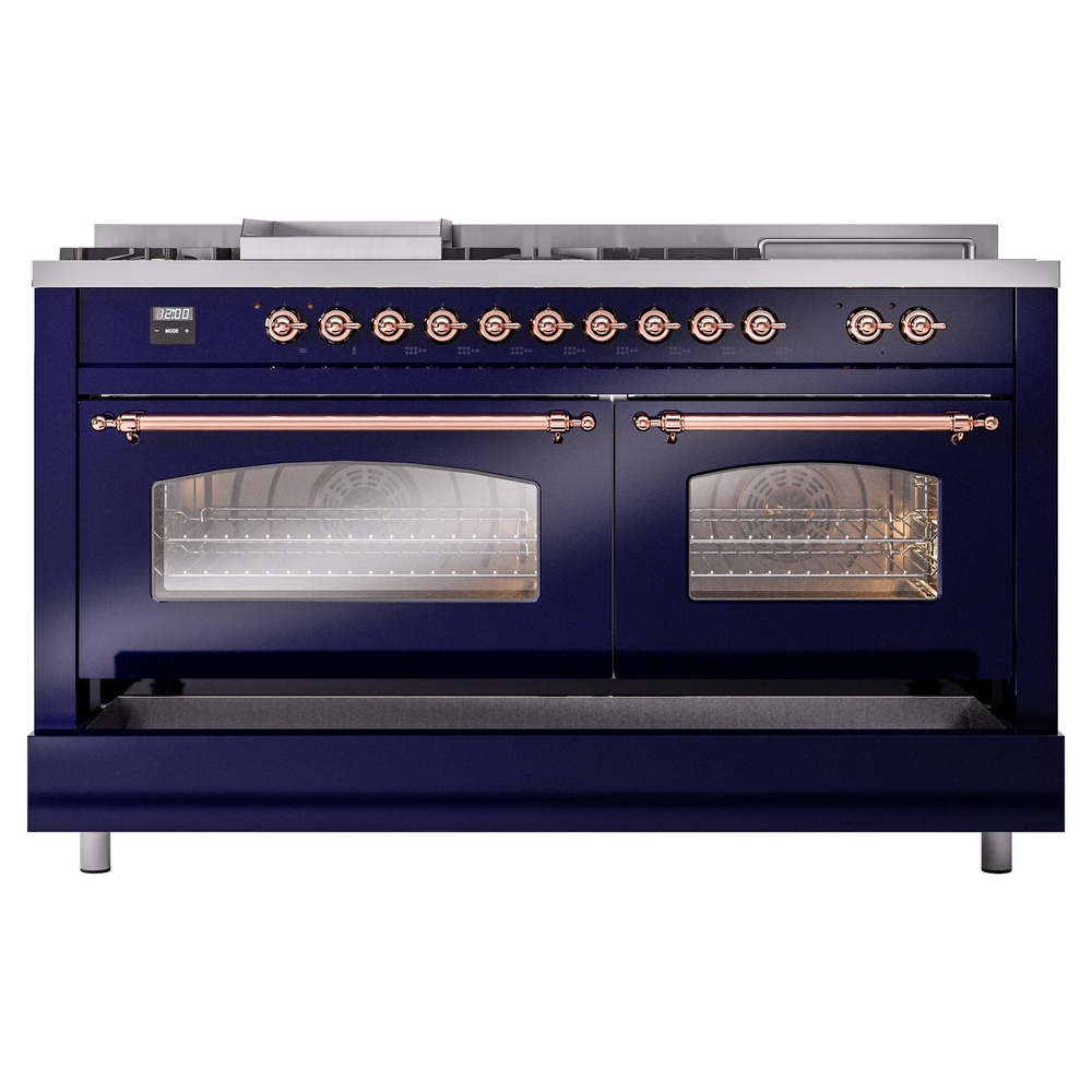 Nostalgie II 60 UP60FSNMPMBP Freestanding Dual Fuel Range with 7 Sealed Burners with Griddle and French Top Double Oven with Triple Glass Door with Copper knobs UP60FSNMPMBP
