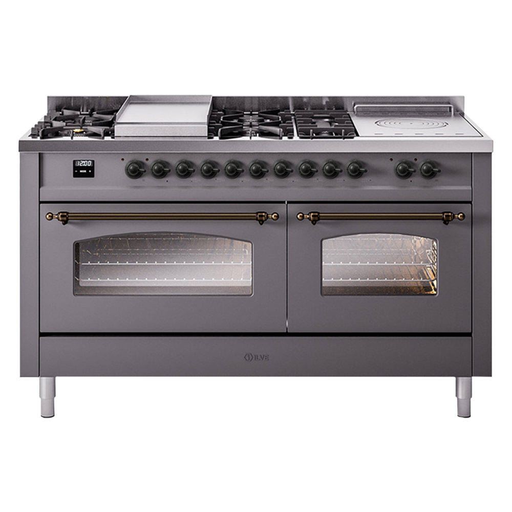 Nostalgie II 60 UP60FSNMPMGB Freestanding Dual Fuel Range with 7 Sealed Burners with Griddle and French Top Double Oven with Triple Glass Door with Bronze knobs UP60FSNMPMGBLP