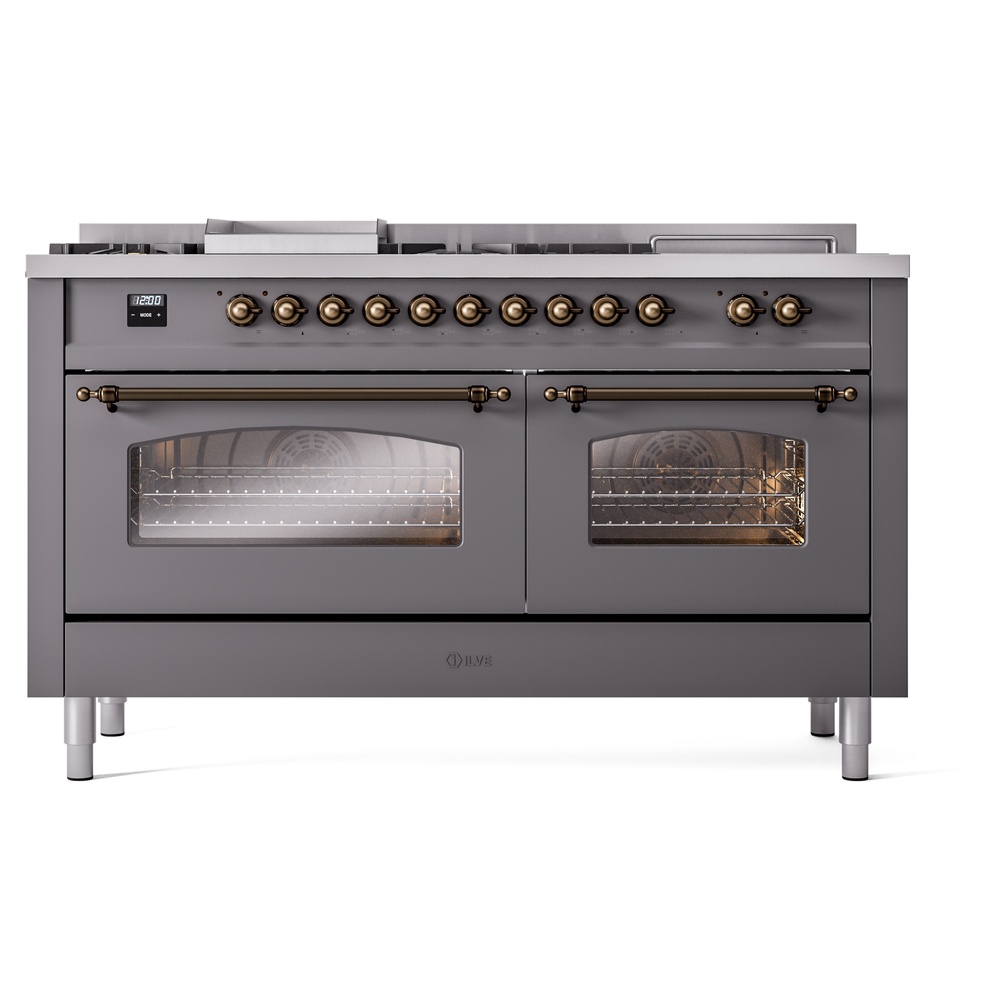 Nostalgie II 60 UP60FSNMPMGB Freestanding Dual Fuel Range with 7 Sealed Burners with Griddle and French Top Double Oven with Triple Glass Door with Bronze knobs UP60FSNMPMGBLP