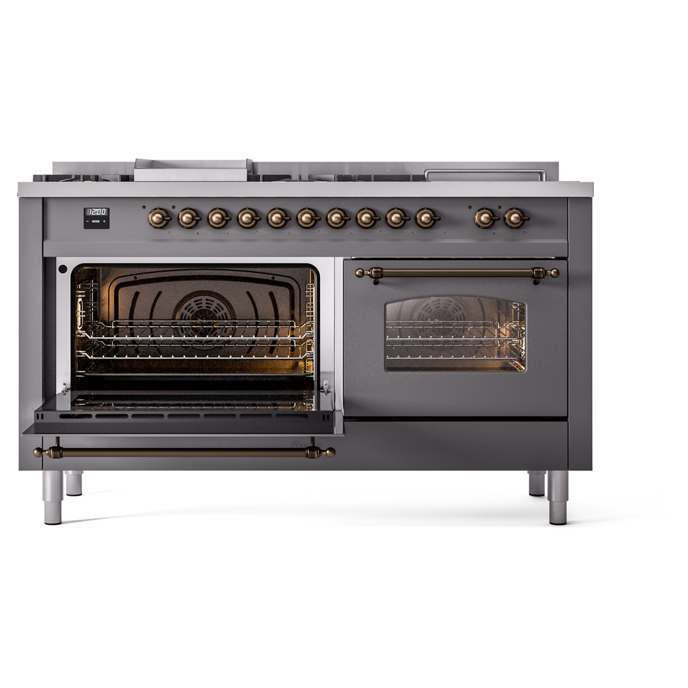 Nostalgie II 60 UP60FSNMPMGB Freestanding Dual Fuel Range with 7 Sealed Burners with Griddle and French Top Double Oven with Triple Glass Door with Bronze knobs UP60FSNMPMGBLP