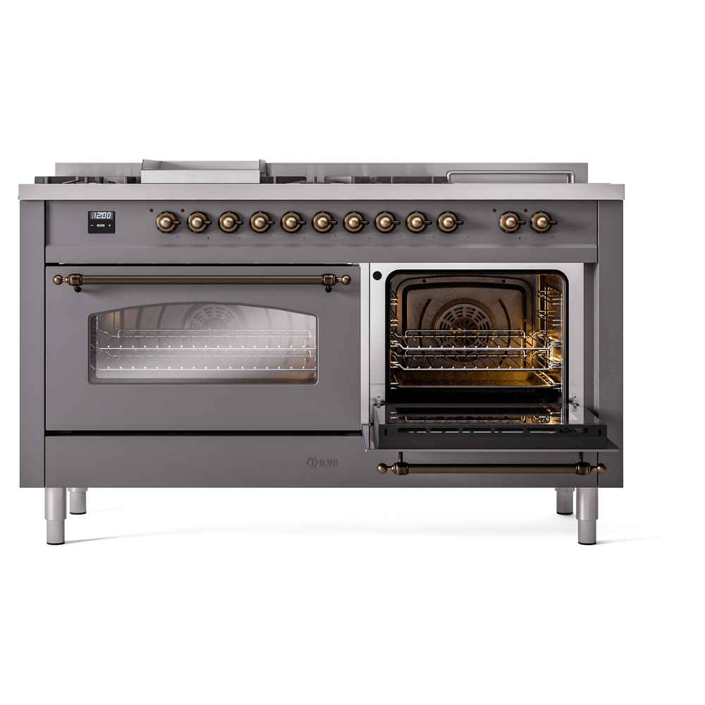 Nostalgie II 60 UP60FSNMPMGB Freestanding Dual Fuel Range with 7 Sealed Burners with Griddle and French Top Double Oven with Triple Glass Door with Bronze knobs UP60FSNMPMGBLP