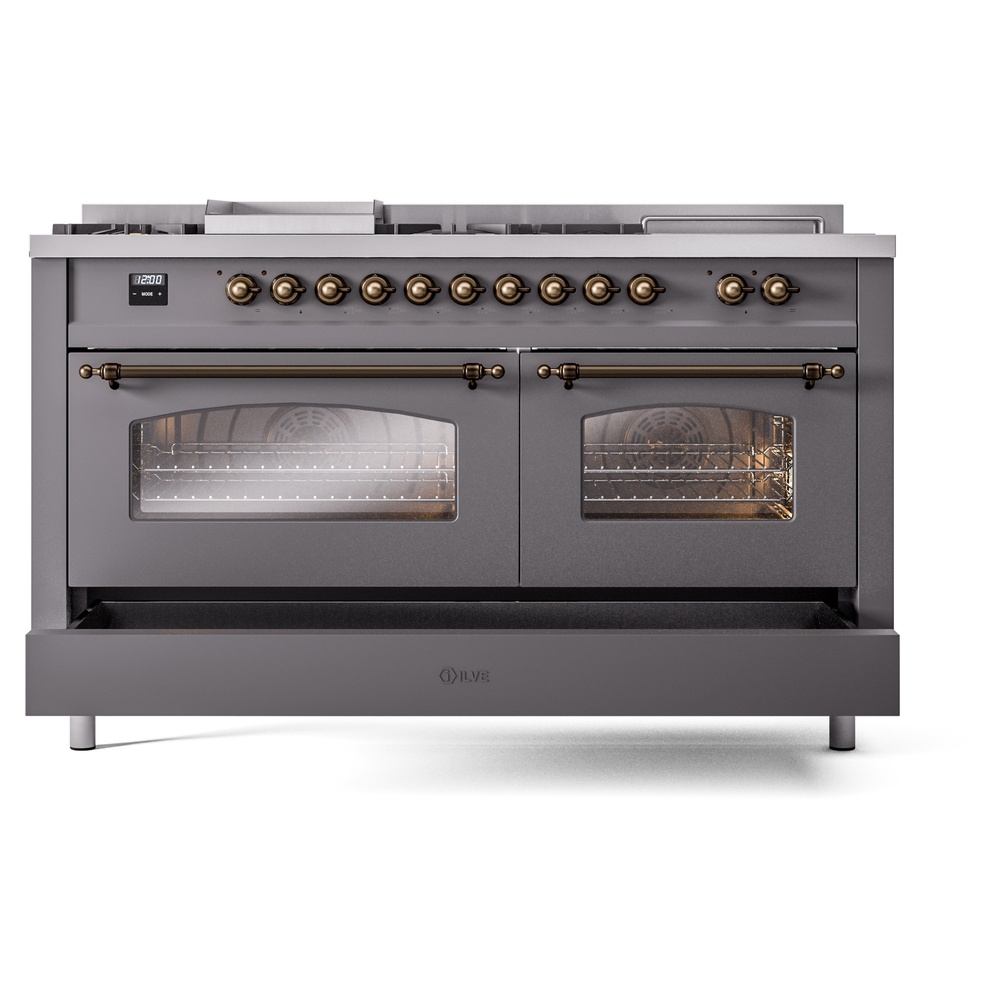Nostalgie II 60 UP60FSNMPMGB Freestanding Dual Fuel Range with 7 Sealed Burners with Griddle and French Top Double Oven with Triple Glass Door with Bronze knobs UP60FSNMPMGBLP