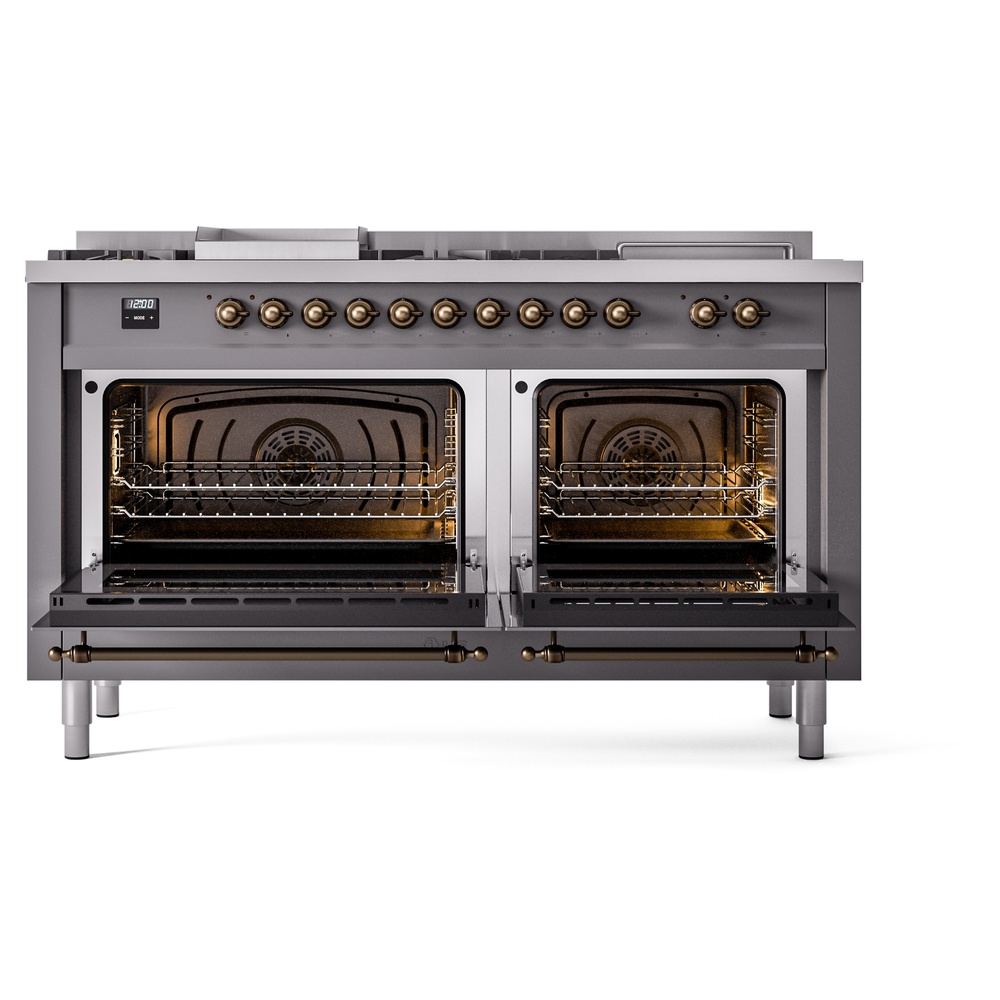 Nostalgie II 60 UP60FSNMPMGB Freestanding Dual Fuel Range with 7 Sealed Burners with Griddle and French Top Double Oven with Triple Glass Door with Bronze knobs UP60FSNMPMGB