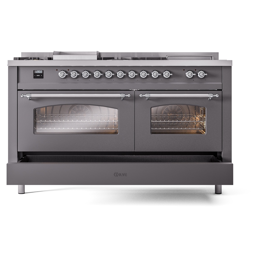 Nostalgie II 60 UP60FSNMPMGC Freestanding Dual Fuel Range with 7 Sealed Burners with Griddle and French Top Double Oven with Triple Glass Door with Chrome knobs UP60FSNMPMGC