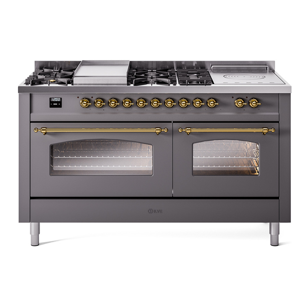 Nostalgie II 60 UP60FSNMPMGG Freestanding Dual Fuel Range with 7 Sealed Burners with Griddle and French Top Double Oven with Triple Glass Door with Brass knobs UP60FSNMPMGGLP