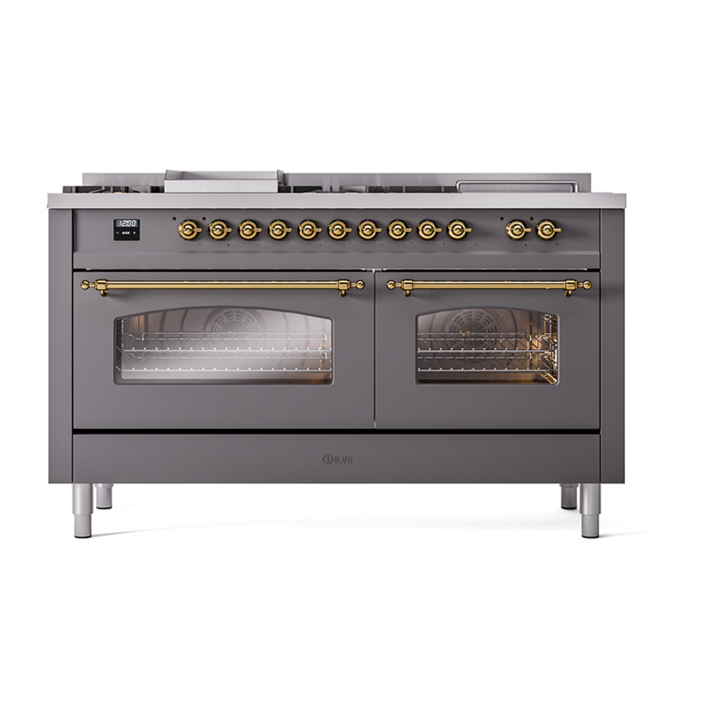 Nostalgie II 60 UP60FSNMPMGG Freestanding Dual Fuel Range with 7 Sealed Burners with Griddle and French Top Double Oven with Triple Glass Door with Brass knobs UP60FSNMPMGGLP