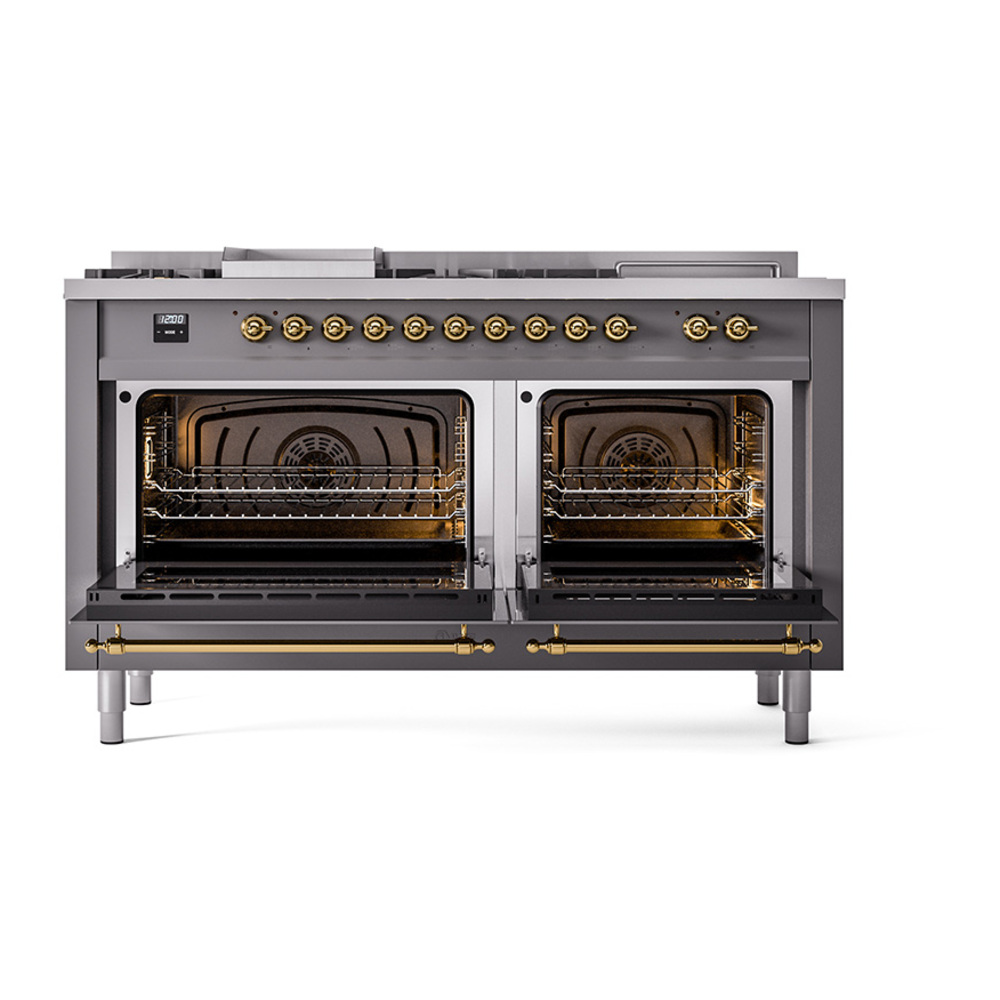 Nostalgie II 60 UP60FSNMPMGG Freestanding Dual Fuel Range with 7 Sealed Burners with Griddle and French Top Double Oven with Triple Glass Door with Brass knobs UP60FSNMPMGGLP