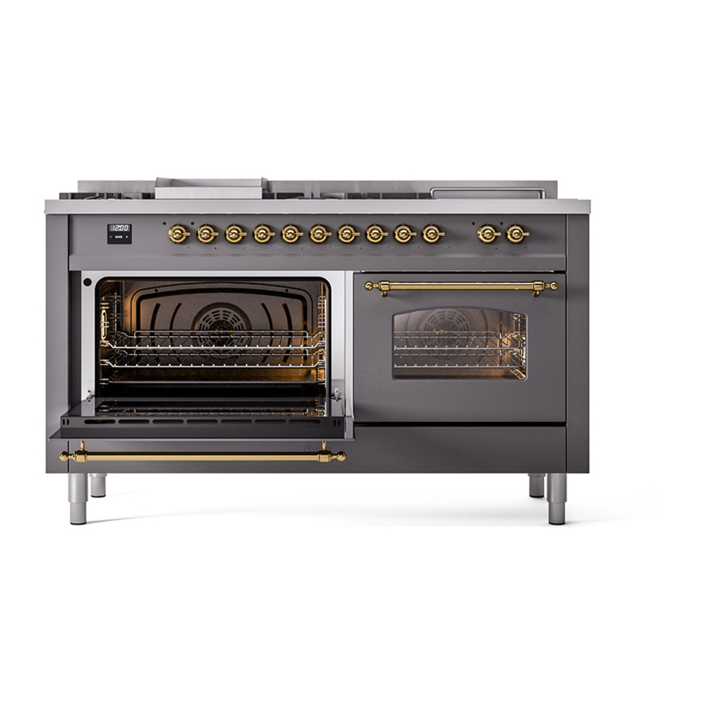 Nostalgie II 60 UP60FSNMPMGG Freestanding Dual Fuel Range with 7 Sealed Burners with Griddle and French Top Double Oven with Triple Glass Door with Brass knobs UP60FSNMPMGGLP