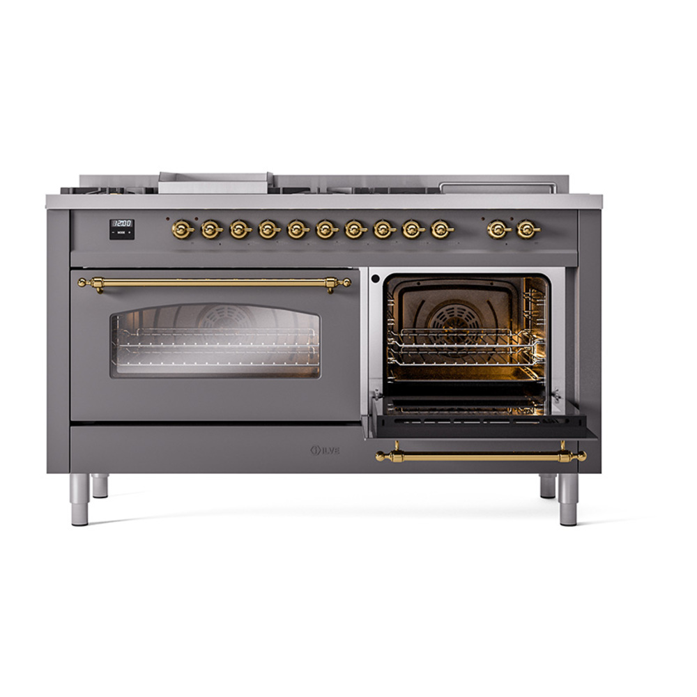 Nostalgie II 60 UP60FSNMPMGG Freestanding Dual Fuel Range with 7 Sealed Burners with Griddle and French Top Double Oven with Triple Glass Door with Brass knobs UP60FSNMPMGGLP