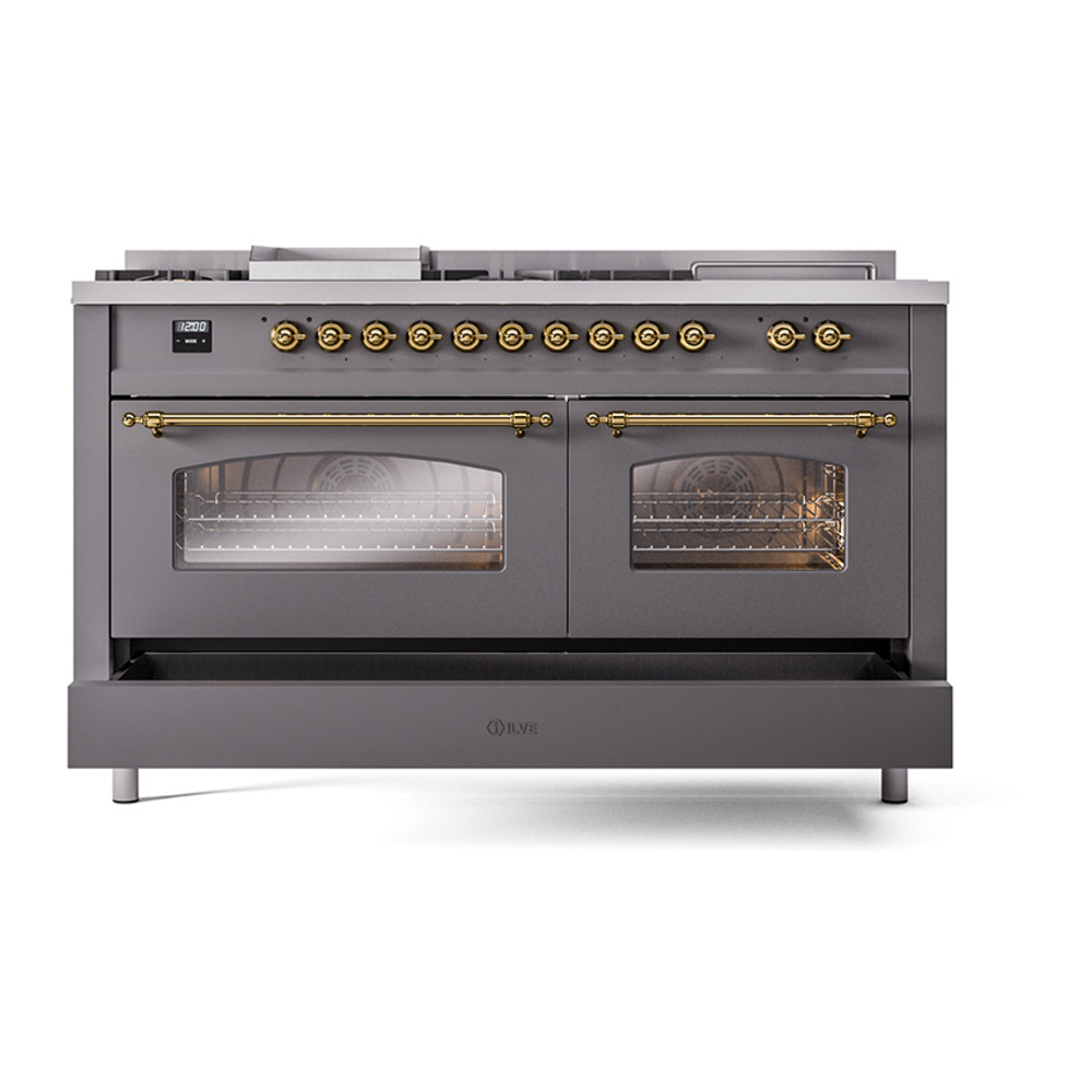 Nostalgie II 60 UP60FSNMPMGG Freestanding Dual Fuel Range with 7 Sealed Burners with Griddle and French Top Double Oven with Triple Glass Door with Brass knobs UP60FSNMPMGGLP
