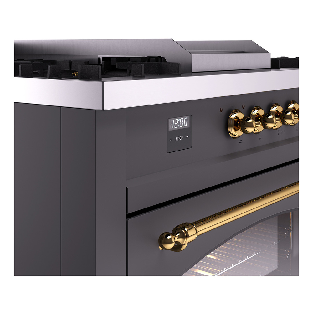 Nostalgie II 60 UP60FSNMPMGG Freestanding Dual Fuel Range with 7 Sealed Burners with Griddle and French Top Double Oven with Triple Glass Door with Brass knobs UP60FSNMPMGGLP