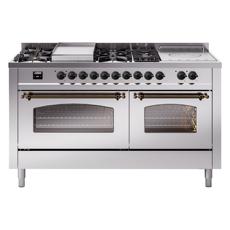 Nostalgie II 60 UP60FSNMPSSB Freestanding Dual Fuel Range with 7 Sealed Burners with Griddle and French Top Double Oven with Triple Glass Door with Bronze knobs UP60FSNMPSSB