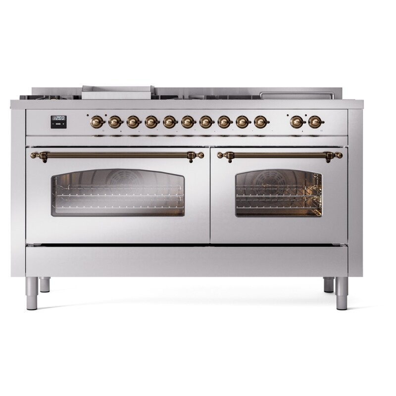 Nostalgie II 60 UP60FSNMPSSB Freestanding Dual Fuel Range with 7 Sealed Burners with Griddle and French Top Double Oven with Triple Glass Door with Bronze knobs UP60FSNMPSSB