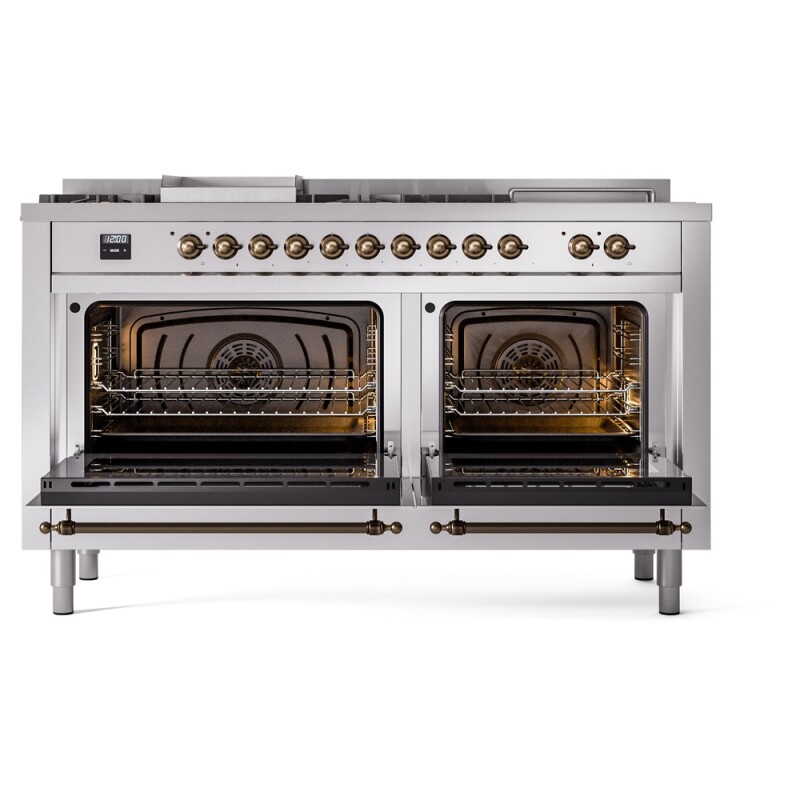 Nostalgie II 60 UP60FSNMPSSB Freestanding Dual Fuel Range with 7 Sealed Burners with Griddle and French Top Double Oven with Triple Glass Door with Bronze knobs UP60FSNMPSSB