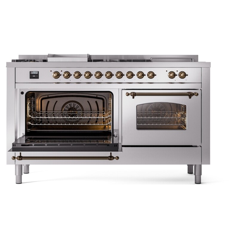 Nostalgie II 60 UP60FSNMPSSB Freestanding Dual Fuel Range with 7 Sealed Burners with Griddle and French Top Double Oven with Triple Glass Door with Bronze knobs UP60FSNMPSSB