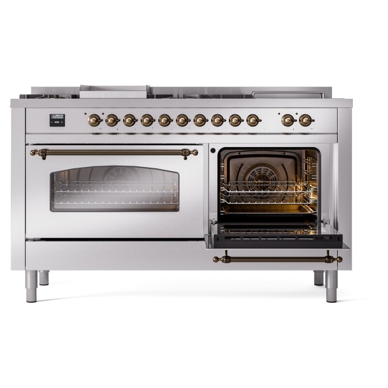 Nostalgie II 60 UP60FSNMPSSB Freestanding Dual Fuel Range with 7 Sealed Burners with Griddle and French Top Double Oven with Triple Glass Door with Bronze knobs UP60FSNMPSSB