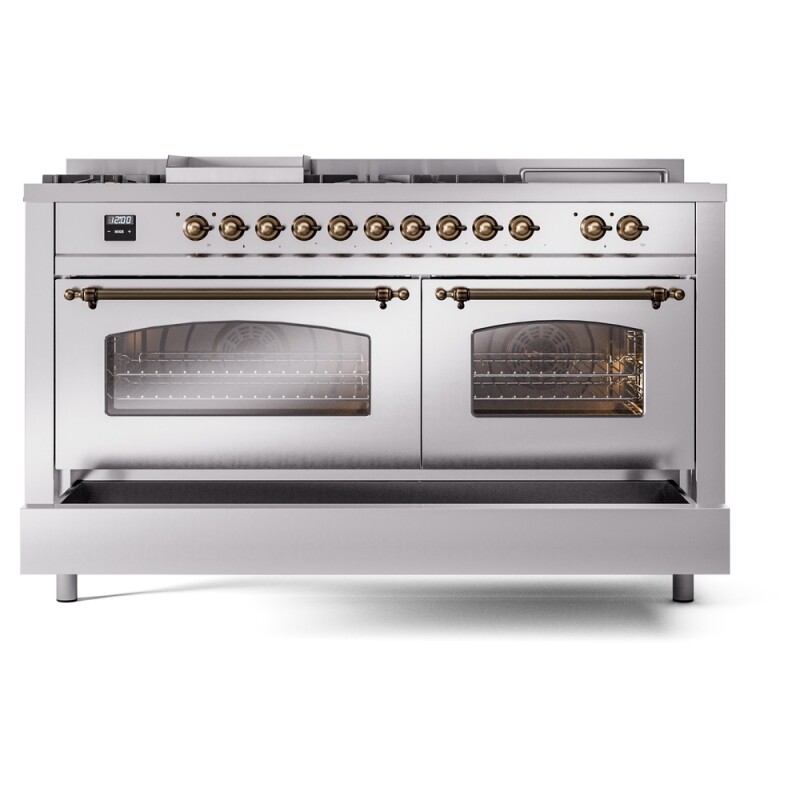 Nostalgie II 60 UP60FSNMPSSB Freestanding Dual Fuel Range with 7 Sealed Burners with Griddle and French Top Double Oven with Triple Glass Door with Bronze knobs UP60FSNMPSSB