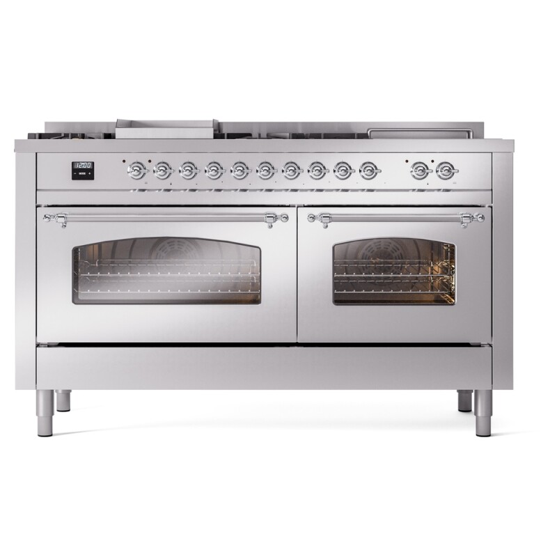 Nostalgie II 60 UP60FSNMPSSC Freestanding Dual Fuel Range with 7 Sealed Burners with Griddle and French Top Double Oven with Triple Glass Door with Chrome knobs UP60FSNMPSSC