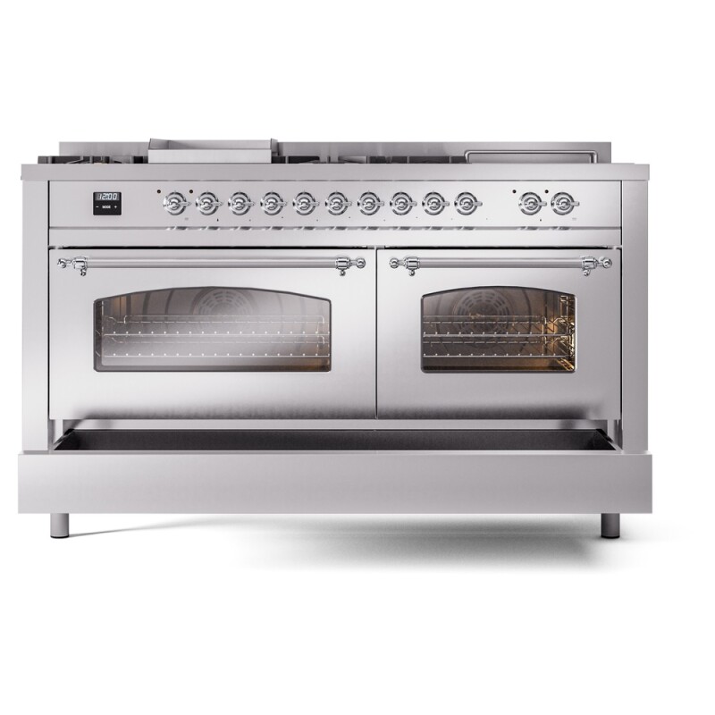 Nostalgie II 60 UP60FSNMPSSC Freestanding Dual Fuel Range with 7 Sealed Burners with Griddle and French Top Double Oven with Triple Glass Door with Chrome knobs UP60FSNMPSSC
