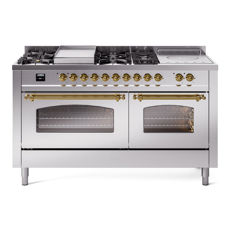 Nostalgie II 60 UP60FSNMPSSG Freestanding Dual Fuel Range with 7 Sealed Burners with Griddle and French Top Double Oven with Triple Glass Door with Brass knobs UP60FSNMPSSGLP