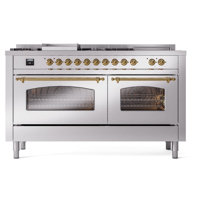 Nostalgie II 60 UP60FSNMPSSG Freestanding Dual Fuel Range with 7 Sealed Burners with Griddle and French Top Double Oven with Triple Glass Door with Brass knobs UP60FSNMPSSGLP