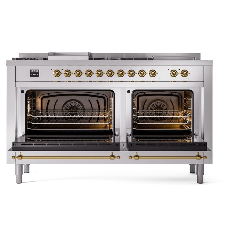 Nostalgie II 60 UP60FSNMPSSG Freestanding Dual Fuel Range with 7 Sealed Burners with Griddle and French Top Double Oven with Triple Glass Door with Brass knobs UP60FSNMPSSGLP
