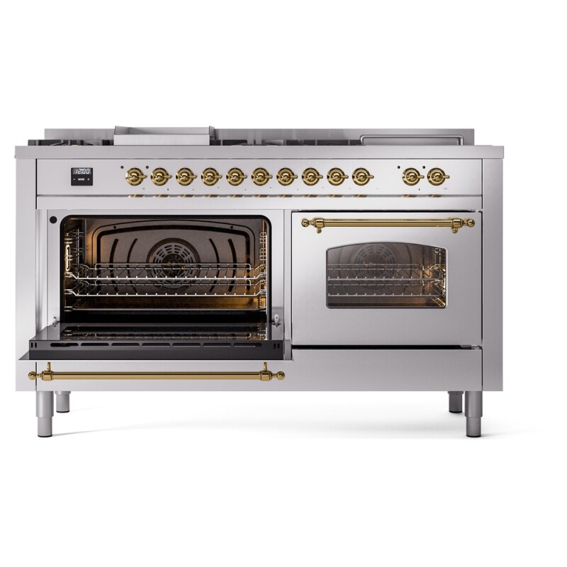 Nostalgie II 60 UP60FSNMPSSG Freestanding Dual Fuel Range with 7 Sealed Burners with Griddle and French Top Double Oven with Triple Glass Door with Brass knobs UP60FSNMPSSGLP