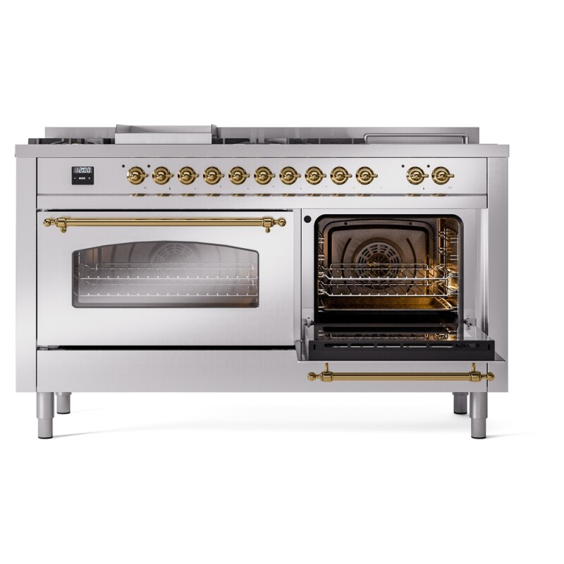 Nostalgie II 60 UP60FSNMPSSG Freestanding Dual Fuel Range with 7 Sealed Burners with Griddle and French Top Double Oven with Triple Glass Door with Brass knobs UP60FSNMPSSGLP