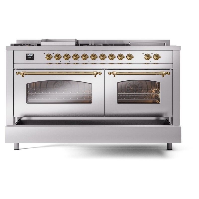 Nostalgie II 60 UP60FSNMPSSG Freestanding Dual Fuel Range with 7 Sealed Burners with Griddle and French Top Double Oven with Triple Glass Door with Brass knobs UP60FSNMPSSGLP