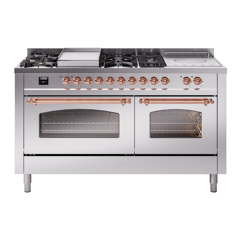 Nostalgie II 60 UP60FSNMPSSP Freestanding Dual Fuel Range with 7 Sealed Burners with Griddle and French Top Double Oven with Triple Glass Door with Copper knobs UP60FSNMPSSP
