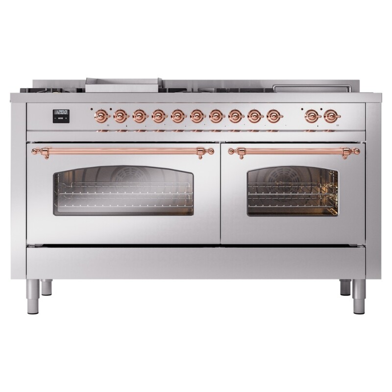 Nostalgie II 60 UP60FSNMPSSP Freestanding Dual Fuel Range with 7 Sealed Burners with Griddle and French Top Double Oven with Triple Glass Door with Copper knobs UP60FSNMPSSP