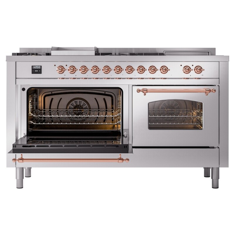 Nostalgie II 60 UP60FSNMPSSP Freestanding Dual Fuel Range with 7 Sealed Burners with Griddle and French Top Double Oven with Triple Glass Door with Copper knobs UP60FSNMPSSP