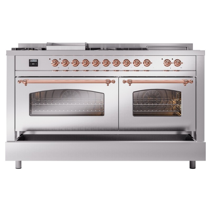 Nostalgie II 60 UP60FSNMPSSP Freestanding Dual Fuel Range with 7 Sealed Burners with Griddle and French Top Double Oven with Triple Glass Door with Copper knobs UP60FSNMPSSP