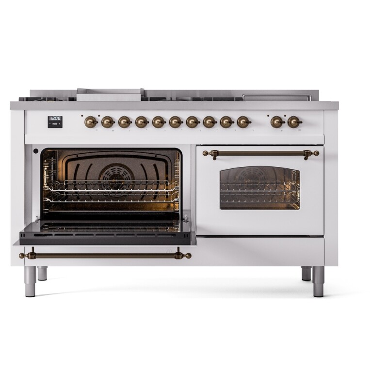 Nostalgie II 60 UP60FSNMPWHB Freestanding Dual Fuel Range with 7 Sealed Burners with Griddle and French Top Double Oven with Triple Glass Door with Bronze knobs UP60FSNMPWHB