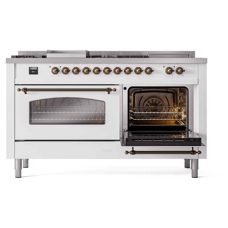 Nostalgie II 60 UP60FSNMPWHB Freestanding Dual Fuel Range with 7 Sealed Burners with Griddle and French Top Double Oven with Triple Glass Door with Bronze knobs UP60FSNMPWHB