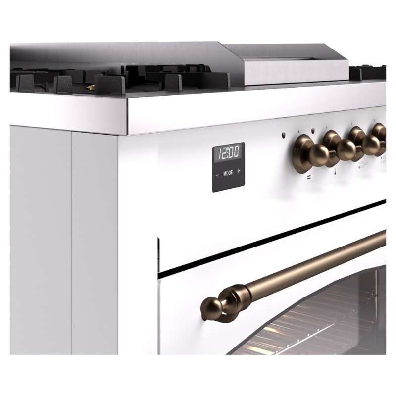 Nostalgie II 60 UP60FSNMPWHB Freestanding Dual Fuel Range with 7 Sealed Burners with Griddle and French Top Double Oven with Triple Glass Door with Bronze knobs UP60FSNMPWHB