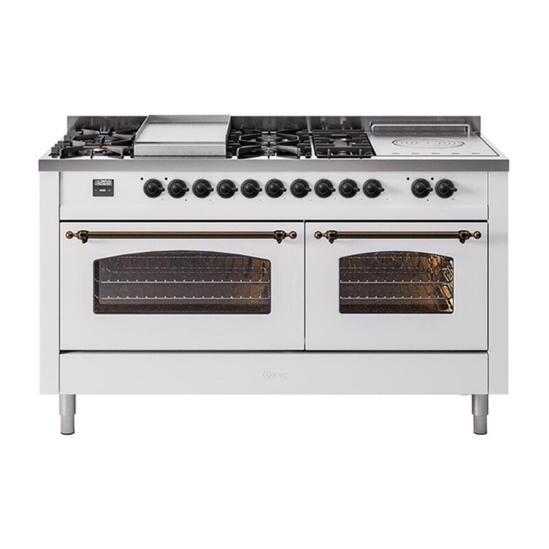 Nostalgie II 60 UP60FSNMPWHB Freestanding Dual Fuel Range with 7 Sealed Burners with Griddle and French Top Double Oven with Triple Glass Door with Bronze knobs UP60FSNMPWHBLP